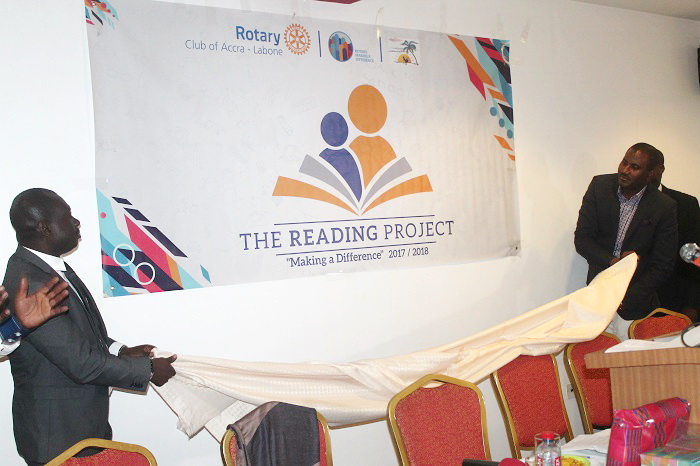 Mr Franklin Sowah, Director for Sales & Marketing, Graphic Communications Limited launching the Graphic/Rotary Club, Labone Reading Project during the ceremony. Picture: EDNA ADU-SERWAA