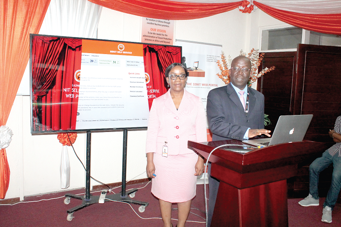 • Dr John Ofori-Tenkorang (right), Director General of SSNIT, launching the Self-Service Web Portal. With him is Ms Laurette Korkor Otchere, Deputy Director General, Benefits and Operations, SSNIT. Picture: Maxwell Ocloo