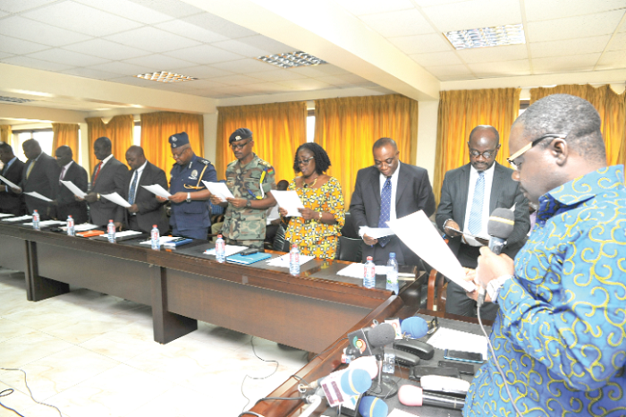 •  Mr Kwaku Ofori Asiamah, Minister of Transport taking  the DVLA board through the oath of secrecy. Picture: EMMANUEL QUAYE