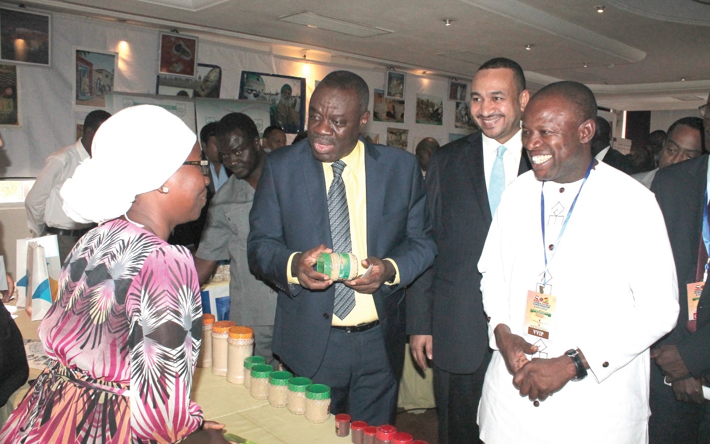 Mr Ibrahim Mohammed Awal (2nd left), Mr Osama Faisal (2nd right), Minister of State for Investment, Sudan, and Mr Salifu Saeed (right), Northern Regional Minister, looking at some of the exhibitions at the Sudan-Ghana Business, Culture and Higher Education Expo 2017. 
