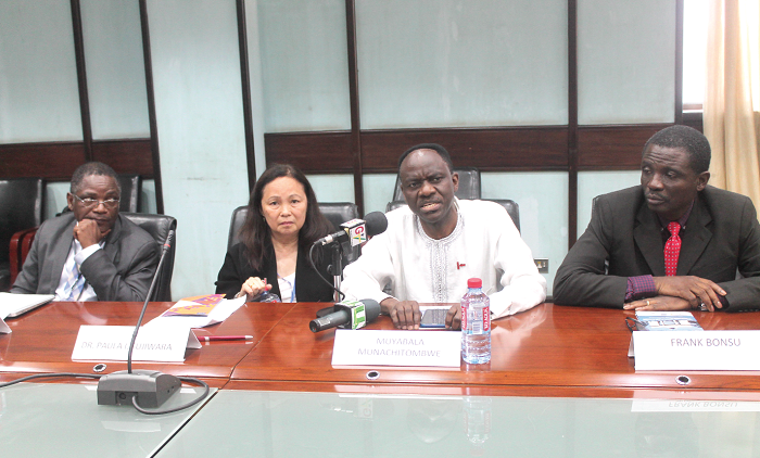 • Dr Muyabala Munachitombwe-Muna (2nd right) addressing journalists at the 20th Conference of the Union Africa Region in Accra. Those with him are  Ms Paula I. Fujiwara (2nd left), Dr Jeremiah Chakaya Muhwa (left), and Dr Frank Bonsu. Picture: EDNA ADU-SERWAA