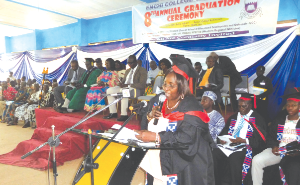 Madam Victoria Aidoo, Principal Enchi College of Education (ENCHICO), addressing the graduating students