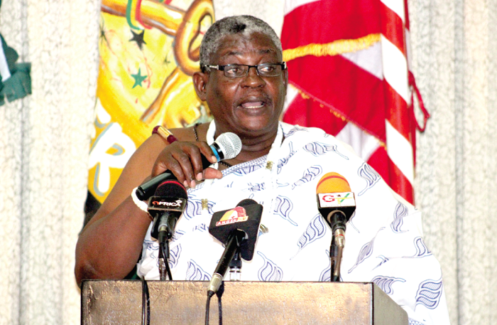 •Nii Kwaobotwe II, Dzasetse of Teshie giving a brief history of how the homowo started. Picture: BENEDICT OBUOBI