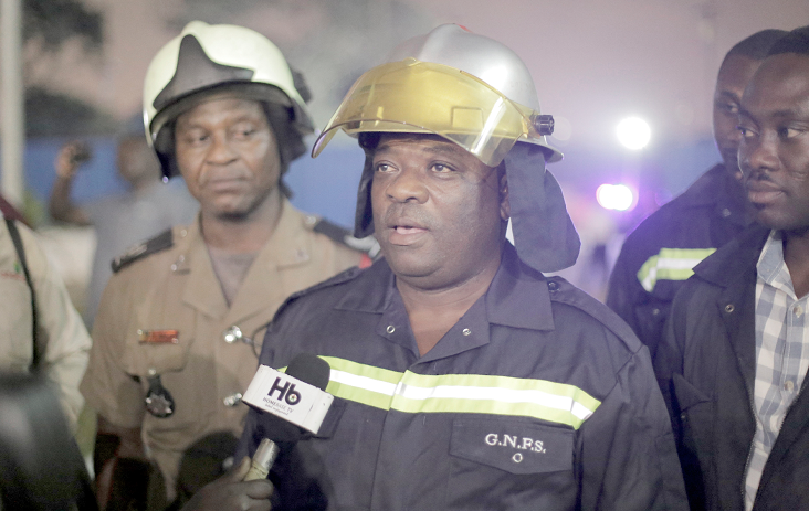 Mr Kweku Eshun (right), Depuy Chief Fire Officer, speaking to the media at the Parliament House last night. With him is Mr Billy Anaglate, PRO, Ghana Fire Service
