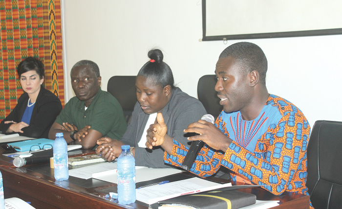 Mr Charles Othniel Abbey (right) speaking at the meeting. With  him are Naa Adjorkor Mohenu (2nd right), Mr Charles Abbey (2nd left) and Ms Danielle Peebles. Picture: Obed Duku