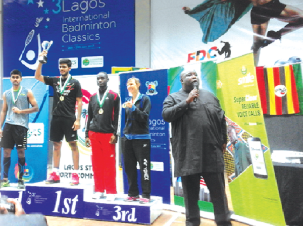 India’s Rahul Yadav Chittabonia on the medal podium with Karan Rajan Rajarajan (left) and Ghana’s Emmanuel Donkor