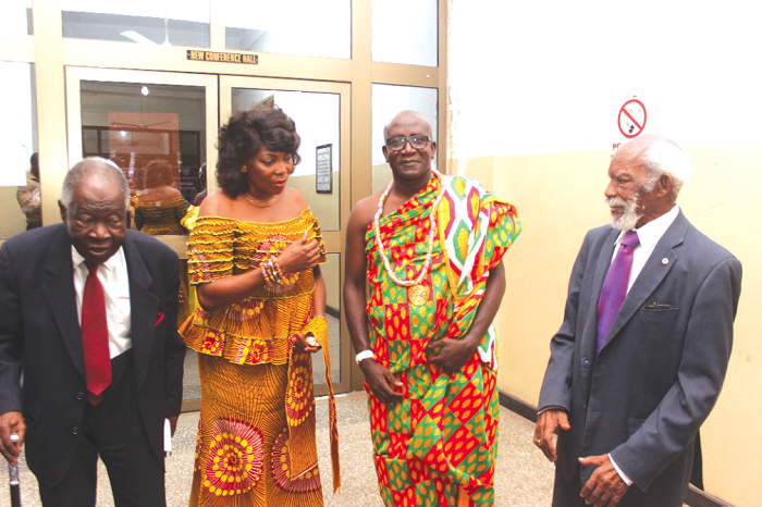• Mrs Elizabeth Sackey  (2nd left), Deputy Greater Accra Regional Minister, in an interaction with Justice VCRAC Crabbe (right), a retired Justice of the Supreme Court. Those with them are  Mr K.B. Asante (left) and Nii Okuley Apesor III (3rd left), Chairman, Ga Dangme Think Thank Group. Picture: NII MARTEY M. BOTCHWAY