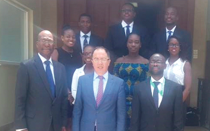 Mr Ali Halabi (middle), the Lebanese Ambassador to Ghana, with the beneficiaries. With them is Professor Kofi Quashigah (left), Dean of the Faculty of Law of the University of Ghana