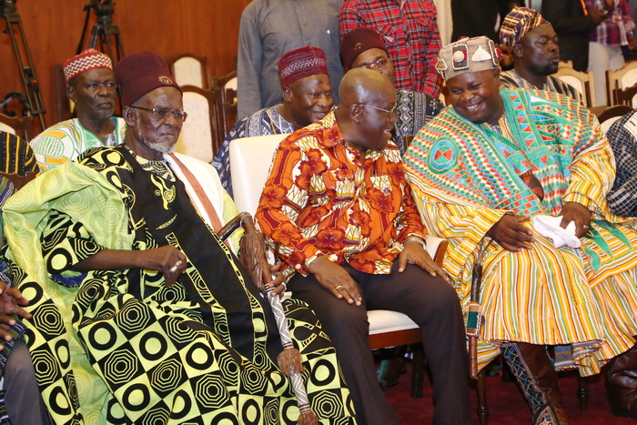 President Akufo-Addo interacting with a member of the delegation. On their right is Naba Asigri Abugrago Azoka II, the Overlord of the Bawku Traditional Area