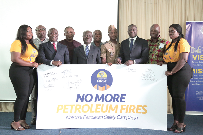 Mr Hassan Tampuli (3rd left), Prof. George Gyan Baffour (5th left), Dr Mohammed Amin Adam (3rd right) and CEOs of other petroleum industry state agencies launching the campaign