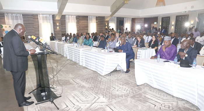 Vice-President Dr Mahamudu Bawumia (left) speaking at the Consultative Forum at Peduase in the Eastern Region. Picture: SAMUEL TEI ADANO