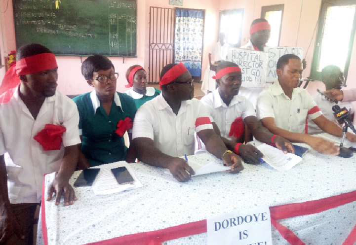 Mr Malcolm Ali (right), the spokesperson of the group, addressing the press and nurses of the Ankaful Psychiatric Hospital at the press conference 