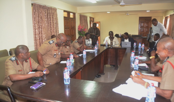 The delegation from the Earth Observation Research Centre of the University of Energy and Natural Resources and the management of the Ghana National Fire Service (GNFS) at a meeting to link up the system with the ICT unit of the GNFS