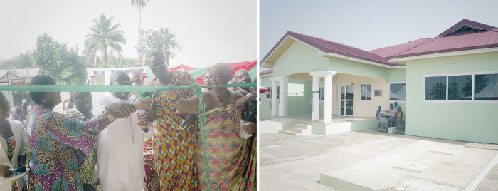  Mr George Andah (middle), a Deputy Minister of Communications, being assisted by Mr Kojo Otoo (2nd left), Gomoa East DCE; Mrs Naana Eyiah Quansah (left), Gomoa Central MP; and other guests to inaugurate the project. INSET: The new eCIC project