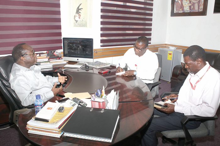 Mr Freddie Blay (left) speaking to Mr Kobby Asmah (middle), Political Editor, Daily Graphic, and Mr Abdul Aziz of the Political Desk. Picture: GABRIEL AHIABOR