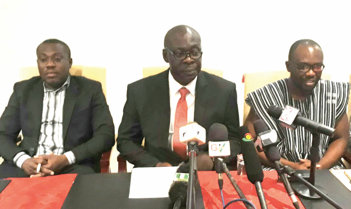 Dr Frank Ankobea, GMA President, addressing the press in Kumasi. With him are Dr Frank Serebour (right), Vice-President of the GMA, and Dr Justice Yankson, the General Secretary