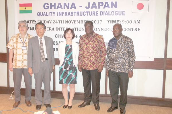 Mr Kwasi Amoako-Atta (2nd right), the Minister of Roads and Highways, Mr Kouji Tomito (2nd left), Cousular, Japan Embassy in Ghana, and some dignitaries after the dialogue. Pictures: EDNA ADU-SERWAA