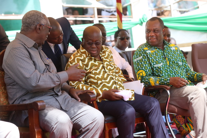 Former President John Agyekum Kufuor (left) interacting with President Akufo-Addo at the event. Looking on is Dr Matthew Opoku Prempeh (right), the Minister of Education. Picture: SAMUEL TEI ADANO