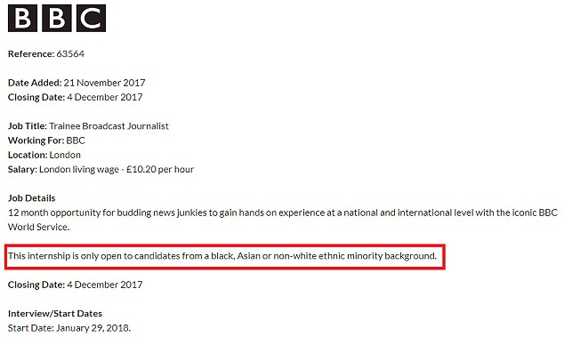 The 12-month trainee broadcast journalist post is 'only open to candidates from a black, Asian or non-white ethnic minority background', according to an advert