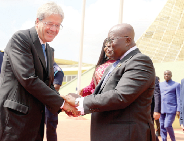 President Akufo-Addo welcoming Prime Minister Paolo Gentiloni  to the Flagstaff House. Picture: SAMUEL TEI ADANO