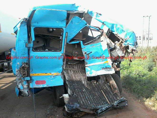 The mangled 207 benz bus after the accident. Picture by Benjamin Xornam Glover