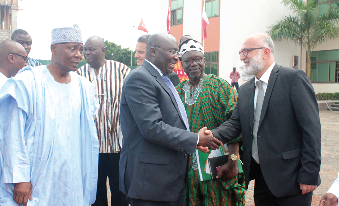 Dr Mahamudu Bawumia (2nd left), Vice President of Ghana, being welcomed by Mr Safwan Wali (3rd left), Vice President of the Governing Council of Madina Institute of Science and Technology  (MEST). Also in the photograph are Mr Boniface Abubakar Saddique (left), Member of Parliament for Madina, and Naa Ali Seidu Pelpuo (in green), Vice President, Academic Affairs, MIST. Picture: Maxwell Ocloo