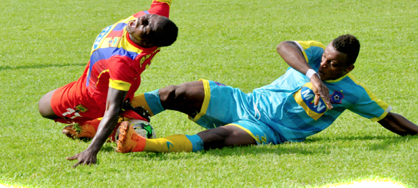 Accra Hearts of Oak forward Patrick Razak writhes in pain after being fouled by his Wa All Stars marker. Picture: EMMANUEL BAAH