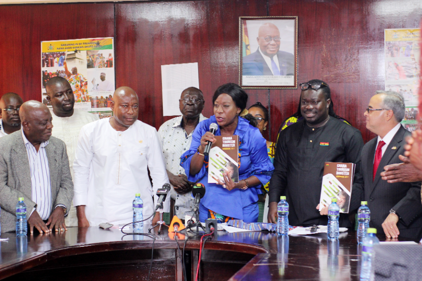  Mrs Catherine Afeku (2nd right), Minister for Tourism, Arts & Culture Creative speaking at the event. Those with her include Dr Ziblim Barri Iddi (2nd left), Deputy Minister for Tourism, Arts & Culture, Mr Sampson Kwaku Boafo (left), a Former minister of Chieftaincy & Culture and Mr Bice Osei Kuffour (right), MUSIGA President