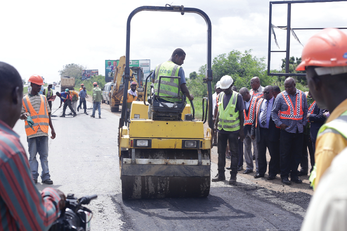 Some GHA Board members (right) observing construction work on the Tema Motorway. Picture: EMMANUEL ASAMOAH ADDAI