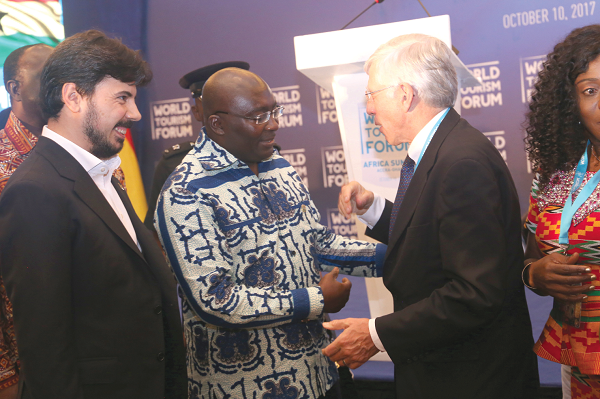  Vice-President Mahamudu Bawumia (2nd left) interacting with Mr Jack Straw (right), a former Foreign Secretary of the United Kingdom. Looking on is Mr Bulut Bagci (left), President of Executive Board of World Tourism Forum. INSET: Some participants in the summit in Accra.  Pictures: SAMUEL TEI ADANO 