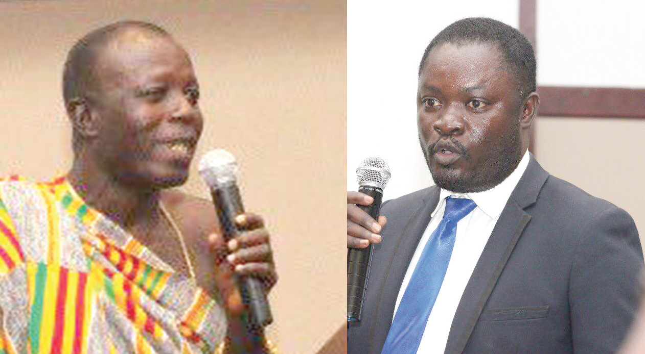 Nana Avo Blay V, Chief of Anochie (left), posing a question at the public forum and Mr Seth Boakye Owusu, Regional Head, Land Valuation Division (Lands Commission)