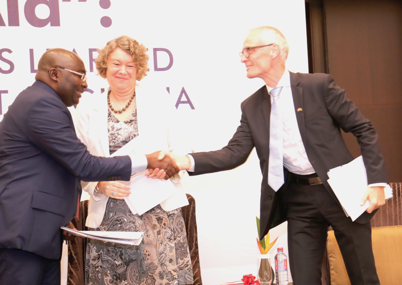 The Vice-President, Dr Mahamudu Bawumia (left), exchanging pleasantries with Mr Gunnar Andreas Holm (right), the Ambassador of Norway, and Mrs Tove Degnbol, the Ambassador of Denmark.