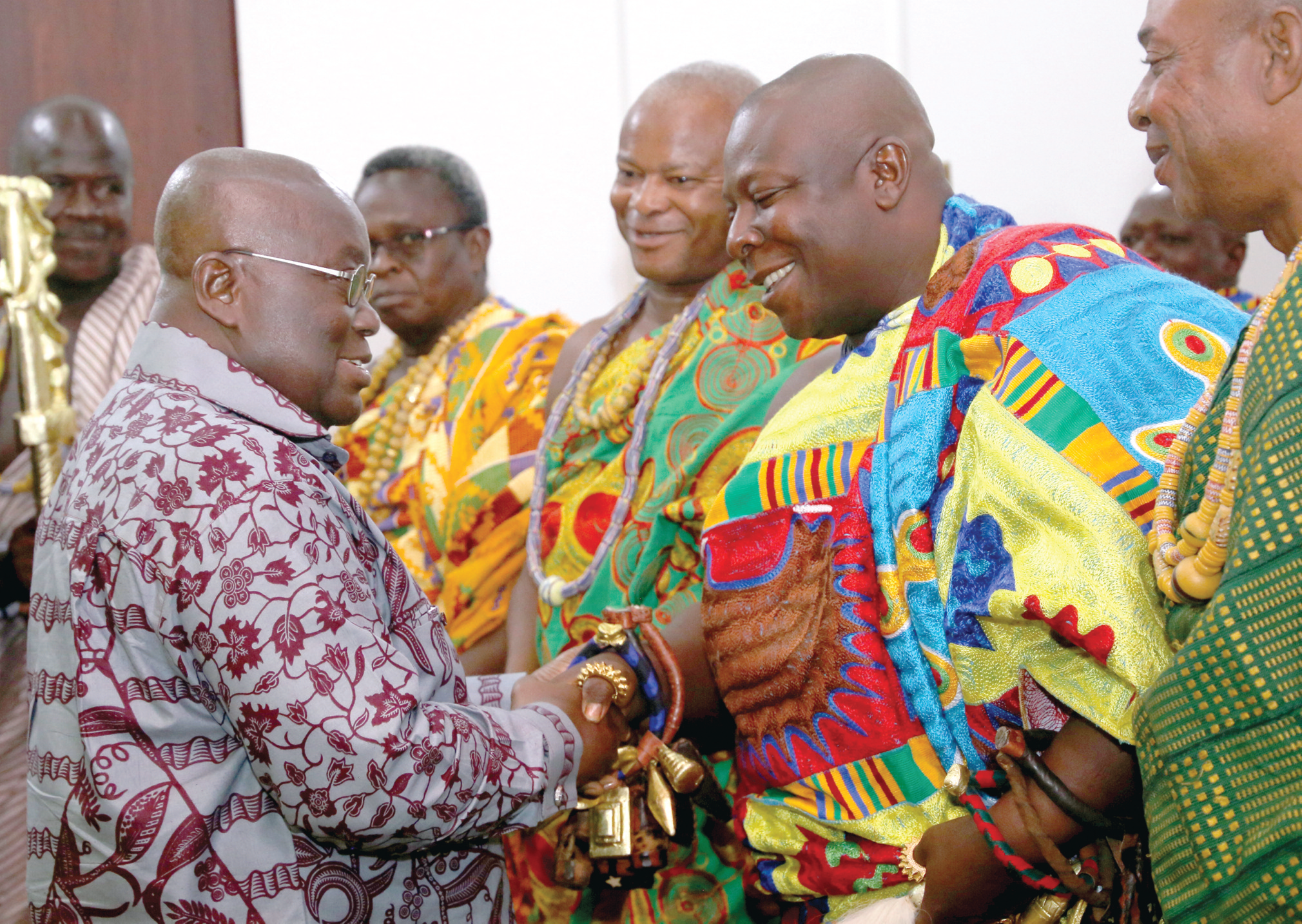 President Akufo-Addo welcoming Togbega Amenya Fiti V (2nd right), the Paramount Chief of the Aflao Traditional Area to the Flagstaff House in Accra.