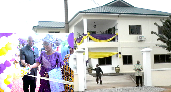 The corporate headquarters building of the AME Zion Church. INSET: Mrs Cynthia Dogbe, wife of Rt. Rev. Dr Hilliard Dogbe(with scissors) being assisted by Bishop Kenneth Monroe  to cut the tape to officially  inaugurate the building.