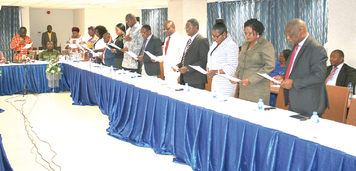 Mr Kwaku Asiamah (arrowed), Minister of Transport, swearing in the Ghana Shippers Authority board. Picture: INNOCENT K. OWUSU