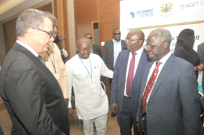 Vice-President Dr Mahamudu Bawumia (2nd right) interacting with some participants after the opening session of the Africa Finance ministers meeting. With them are Mr Ken Ofori-Atta (3rd left) and Mr Yaw Osafo-Maafo (right). Picture: EBOW HANSON