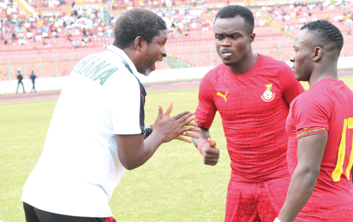 Patrick Razak (right) and Amos Frimpong will need the advise of Coach Mawell Konadu (left) to win the game