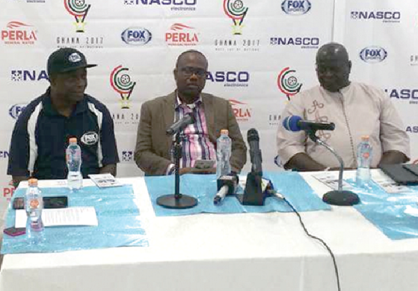 Kwesi Nyantakyi (middle) with Jammeh E.K Bojang (right) and Fox TV representative, Mamoudou Gaye at the official announcement