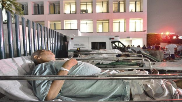 Patients at a hospital in Villahermosa, Tabasco state, were moved into the open after the quake struck Patients at a hospital in Villahermosa, Tabasco state, were moved into the open after the quake struck