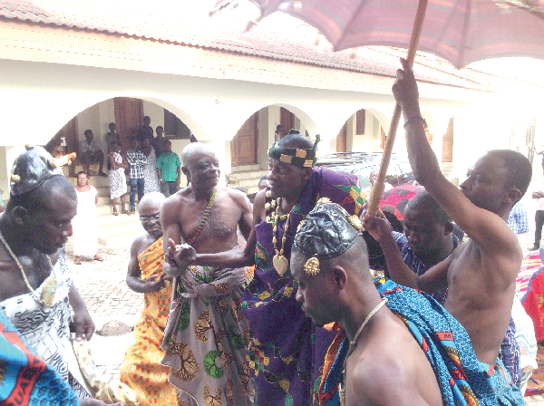 Daasebre Oti Boateng (arrowed) being ushered to the Akwantukese durbar grounds