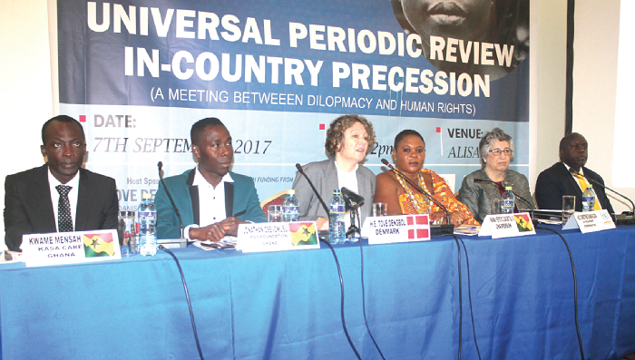 Her Excellency Tove Degnbol (3rd left), Ambassador, Embassy of Denmark, addressing participants in the conference.  Picture: EDNA ADU-SERWAA