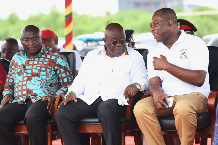 President Akufo-Addo having a word with Dr Matthew Opoku Prempeh (right) while Dr Mahamudu Bawumia looks on