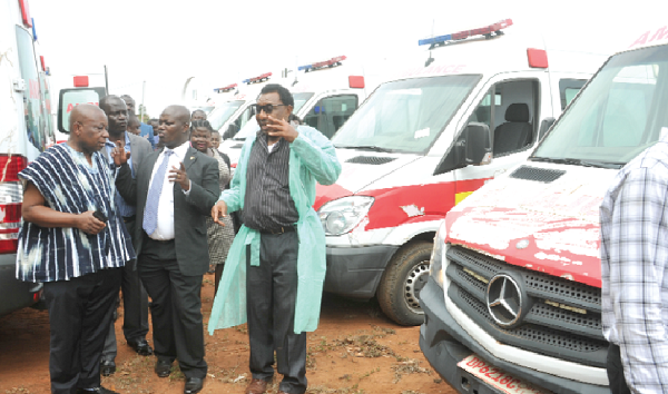 Mr Agyeman-Manu (left) inspecting facilities in an ambulance at Burma Camp. With him are Prof. Ahmed Zakaria, CEO of the Ghana Ambulance Service (in suit) and Mr George Ashie, Operation consultant, Ghana Ambulance Service. Pictures: EBOW HANSON 