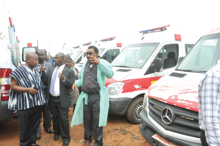 Mr Agyemang-Manu inspecting facilities in an ambulance at the Burma Camp. With him are Prof Ahmed Zakaria, CEO of Ghana Ambulance Service ( in suit ) and Mr George Ashie, Operation consultant , Ghana Ambulance Service