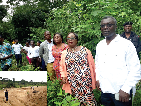 Prof. Frimpong Boateng and Ms Elizabeth Agyemang touring portions of the encroached lands at Barekese. INSET The source of Owabi Dam where sandwinning takes place