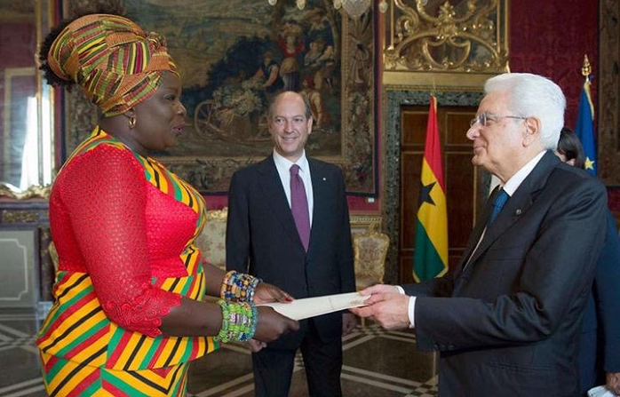 Ms Ms Paulina Patience Abayage (left) presenting her letters of credence to the President of Italy, Mr Sergio Mattarella
