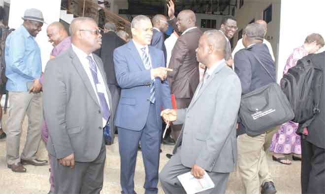 Professor Francis Ofei (middle) interacting with Professor Harry Tagbor (right) at the Medical Knowledge Fiesta. Picture: GABRIEL AHIABOR