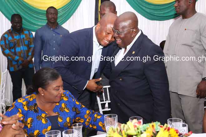 President Akufo-Addo and Mr Ablakwa engaged in a chit chat amidst laughter at the dinner. PICTURES BY SAMUEL TEI ADANO