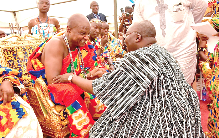 Togbui Afede XIV, the Agbogbomefia of the Asogli State welcoming Vice-President Dr Bawumia to the durbar