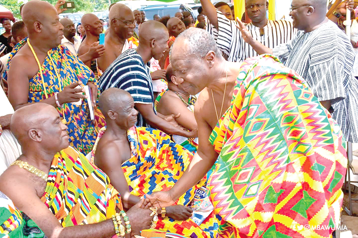 Mr Ken ofori-Atta, the Minister of Finance, shaking hands with some elders at the durbar